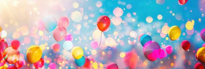 Poster - A joyful array of balloons fills the sky, adding brightness to a bustling city festival filled with laughter and excitement. Generative AI