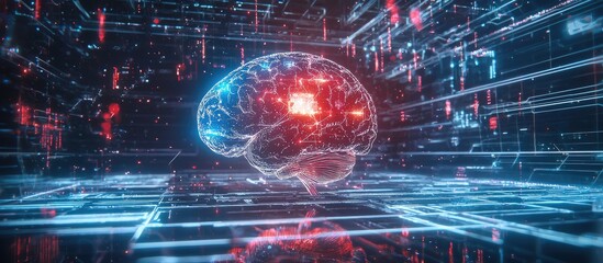 Poster - Holographic Brain Interface Representing Artificial Intelligence and Deep Learning Technologies Business and Internet Innovation Concept 3D Visualization