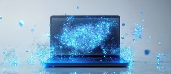 Poster - Futuristic laptop displaying advanced interface graphics blue digital illustration on a light background representing cutting edge technology 3D rendering