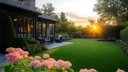 Sticker - Lush green lawn with patio and house in the background at sunset.