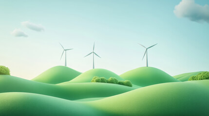 Wall Mural - 3D rendering of cartoon green hills, a few wind turbines on the hills, in a cute style, with green grass