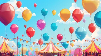 Poster - Colorful balloons fill the sky above a lively city festival, adorned with bright tents and festive decorations, creating a joyful atmosphere. Generative AI