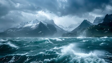 turbulent sea and snowy peaks under a stormy sky