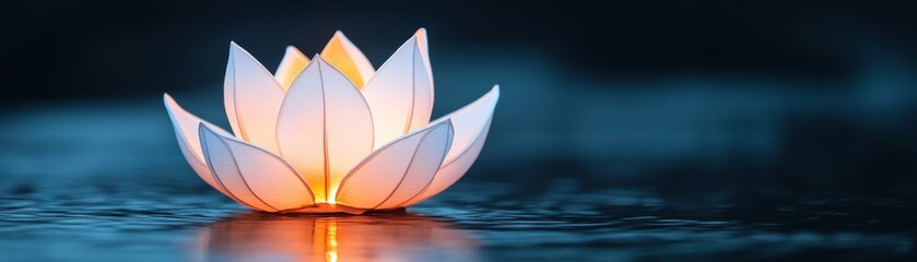 A white lotus lantern floating on water, emitting a soft glow in the evening, creating a serene and peaceful atmosphere.