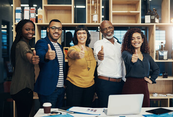 Poster - Business people, thumbs up and smile in office for success, approval or app design with collaboration. Group of creative employees, agreement and project meeting, teamwork or success for startup