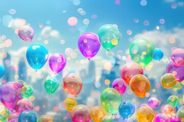 Poster - Balloons of various colors drift upward at a lively city festival under a clear blue sky filled with excitement and joy. Generative AI