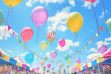 Poster - Colorful balloons fill the sky during a lively city festival, enhancing the festive atmosphere with bright colors and cheerful decorations. Generative AI