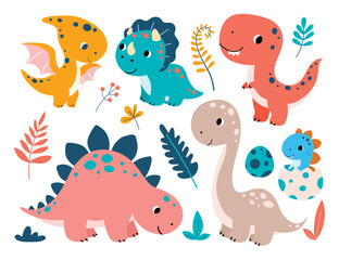 Set of Cute Dinosaurs and Elements