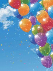 Poster - A multitude of vibrant balloons rises against a clear blue sky, bringing joy to a lively city festival filled with laughter and celebration. Generative AI