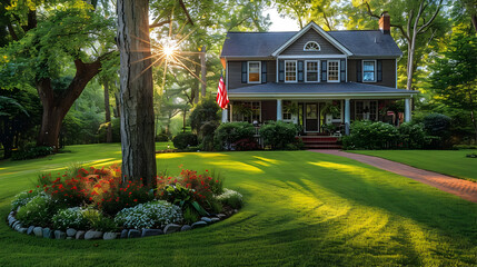 Canvas Print - Beautiful Suburban Home with Green Lawn and Flowers - Photo