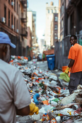 urban alleyway cleanup with two men collecting trash and litter on a sunny day