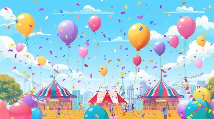 Poster - Bright balloons fill the sky above a lively city festival, where visitors enjoy entertainment, games, and attractions under colorful tents. Generative AI