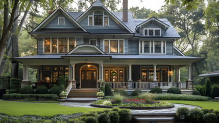 Canvas Print - Charming Two-Story House with Front Porch and Landscaping