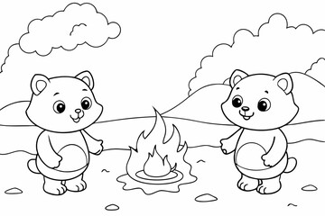  Coloring pages for kids, 2 cute baby bears, bonfire on a sandy beach, vector illustration