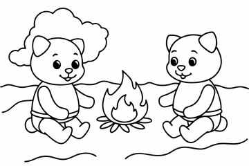 Wall Mural -  Coloring pages for kids, 2 cute baby bears, bonfire on a sandy beach, vector illustration