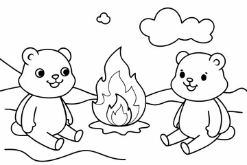  Coloring pages for kids, 2 cute baby bears, bonfire on a sandy beach, vector illustration