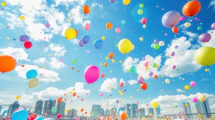 Poster - Bright balloons drift into the blue sky, creating a joyful atmosphere at a bustling city festival, surrounded by tall buildings and happy crowds. Generative AI