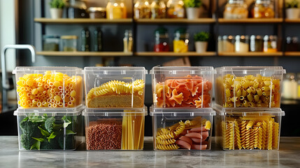 Wall Mural - Assorted pasta in clear containers on kitchen counter