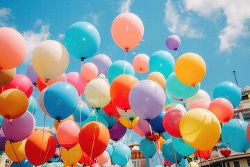 Poster - A multitude of colorful balloons fills the sky above a lively city festival, creating a festive atmosphere filled with joy and excitement. Generative AI