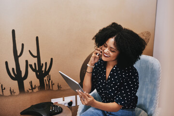 Aufkleber - Tablet, phone call and happy woman in small business for talking, startup project or conversation in office. Smile, laughing or entrepreneur on mobile communication for working or funny discussion