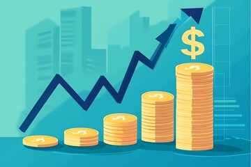 Wall Mural - Golden dollar coins stack, money bag with arrow up. Finance performance of return on investment ROI concept with arrow.