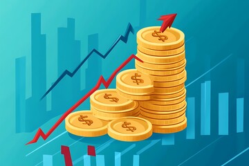 Wall Mural - Golden dollar coins stack, money bag with arrow up. Finance performance of return on investment ROI concept with arrow.