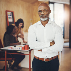 Poster - Portrait, arms crossed and mature business man in office for career, pride or leadership. Glasses, confident professional and executive boss, ceo and chief creative officer with startup experience