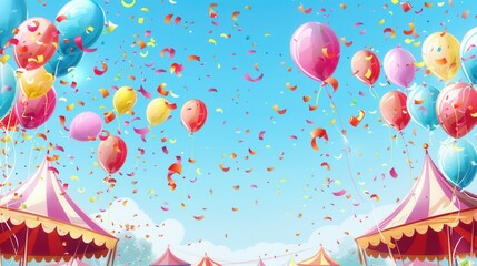 Poster - Bright balloons drift above excited festival-goers celebrating joyfully under a clear blue sky, adding color to the lively city fair atmosphere. Generative AI