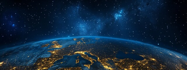 beautiful blue earth with city lights at night, starry sky in the background