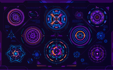 Poster - Futuristic circular HUD sci fi elements, digital interface. Vibrant, neon hud high tech hologram. Vector military optical aiming, advanced innovation technology, data analysis, spaceship crosshair