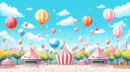 Poster - Colorful balloons float above a bustling city festival filled with lively tents, joyful attendees, and a festive atmosphere under a clear blue sky. Generative AI