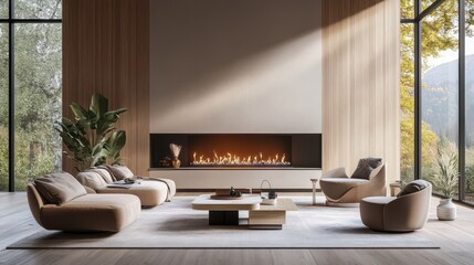 white wall mockup with wooden wall decoration in contemporary style living room design with fireplace and comfortable chairs, 3d render, 3d illustration