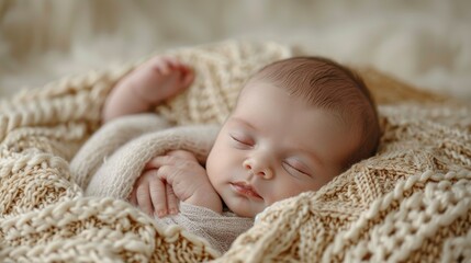 Wall Mural - Peaceful Infant Soundly Asleep Wrapped in Cozy Knit Blanket at Home