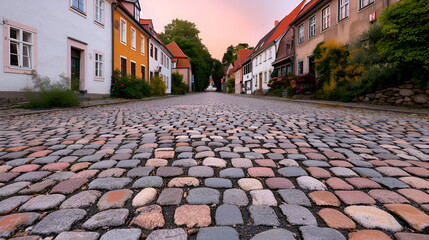 Wall Mural - Charming Cobblestone Street in a European Town at Sunset