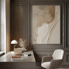 Poster - Elegant office space featuring modern artwork, a minimalist desk, and soft lighting for a serene and stylish ambiance.