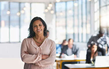 Fototapete - Arms crossed, happy and portrait with business woman in office for leadership at creative startup. Confident, design and employment with smile of person in workplace for management of company