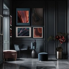 Poster - Stylish interior showcasing modern artwork, elegant furniture, and luxurious decor in a contemporary setting. For wall art Frame Mockup, website, and media decor, Commercial use, 