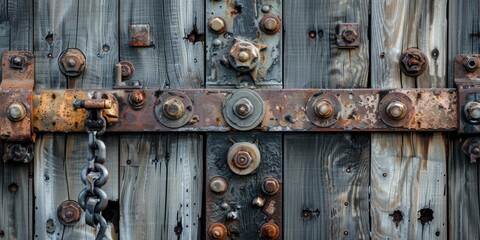 Rusty metal hinges and chain on weathered wood.