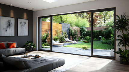 Poster - Modern Living Room with Patio Doors and Backyard View - 3D Illustration