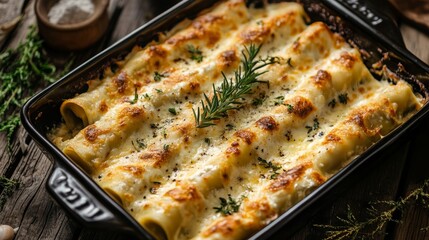 Wall Mural - italian herb ricotta cannelloni in a baking dish, food photography, 16:9