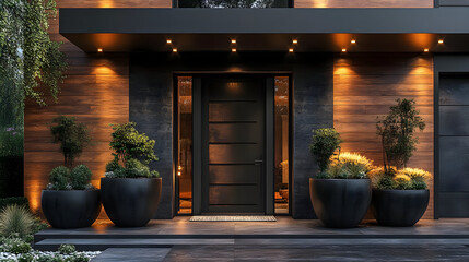 Canvas Print - Modern home entrance with black door, wood siding, and potted plants.