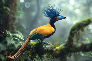 Sticker - Vibrant blue and gold bird with a spiky crest perched on a mossy branch in a lush rainforest.