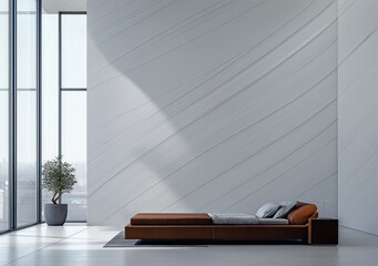Poster - Modern minimalist bedroom with sunlight casting shadows on textured wall