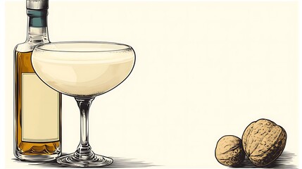 Sticker - Hand Drawn Illustration of a Glass of Nut Liqueur with Bottle and Walnuts.