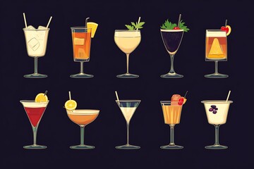 Poster - Ten Different Cocktails in Glasses.  An Illustration Set of Cocktails.