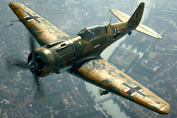 German World War II fighter plane in flight, seen from below.