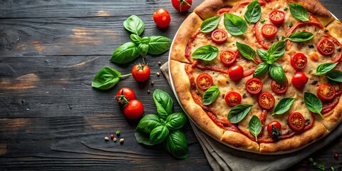 Wall Mural - Freshly baked pizza topped with juicy tomatoes and fragrant basil leaves, pizza, tomatoes, basil, Italian, food