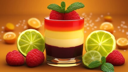 Wall Mural - Delicious Layered Dessert with Raspberries, Limes and Mint.