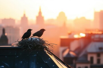 Birds nesting on city rooftops close up, focus on, copy space Lively atmosphere Double exposure silhouette with birds and rooftops