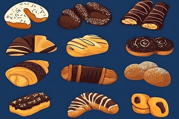 Poster - Collection of Delicious Pastry and Bread Isolated on Blue Background.